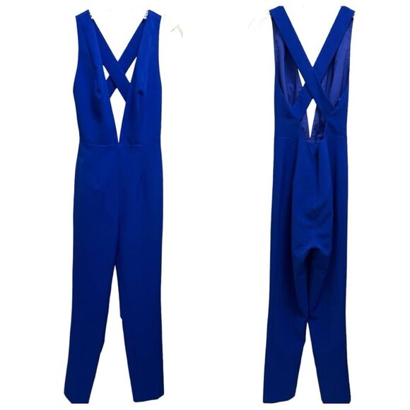 NWT Fame and Partners Brooke Jumpsuit Open Back Cross Over Back Blue Size 4 - Picture 2 of 8